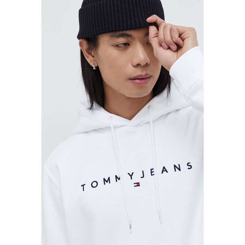 Mikina Tommy Jeans pánská, bílá barva, s kapucí, s aplikací