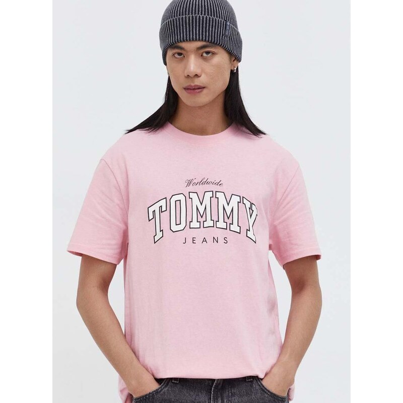 Bavlněné tričko Tommy Jeans růžová barva, s potiskem