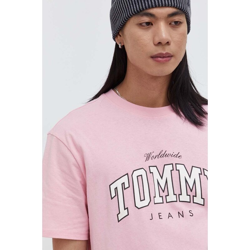 Bavlněné tričko Tommy Jeans růžová barva, s potiskem