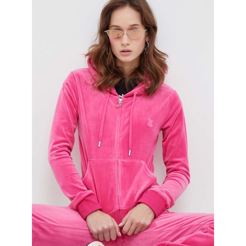 Velurová mikina Juicy Couture růžová barva, s kapucí, s aplikací
