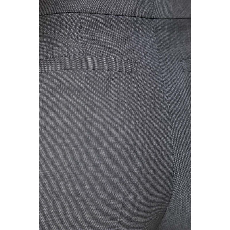 Vlněné kalhoty BOSS šedá barva, střih chinos, high waist
