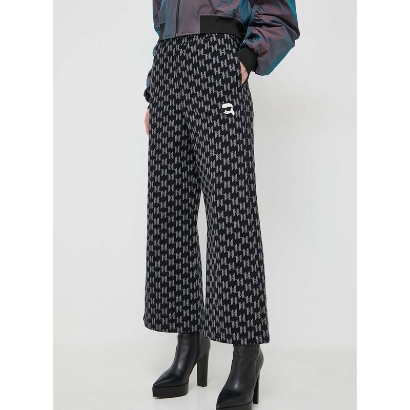 Bavlněné kalhoty Karl Lagerfeld černá barva, široké, high waist