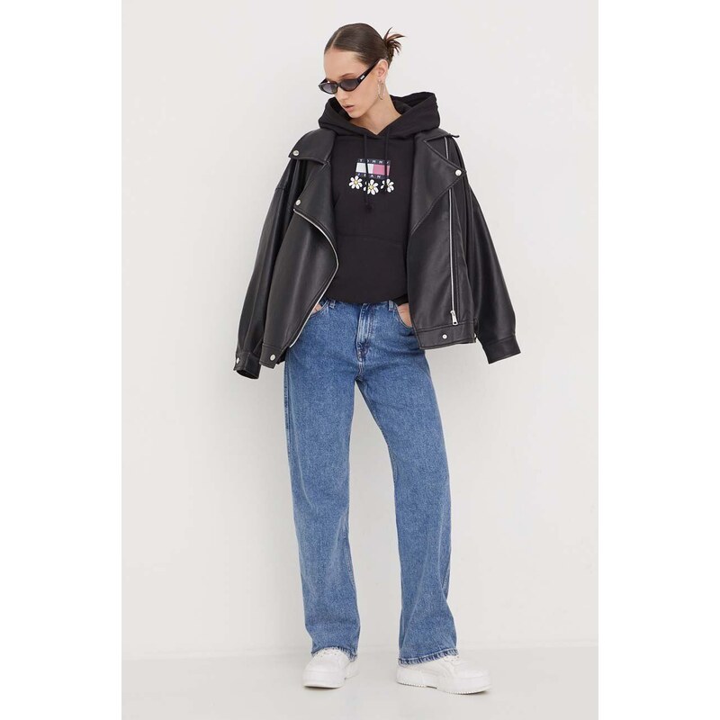 Bavlněná mikina Tommy Jeans dámská, černá barva, s kapucí, s potiskem