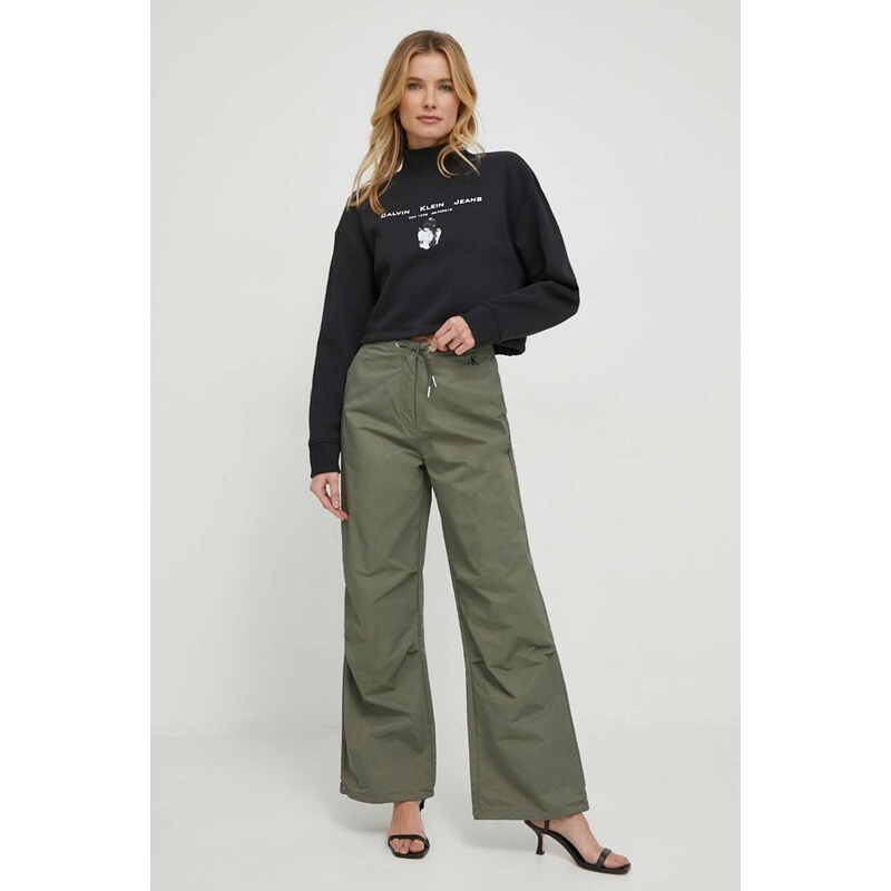 Kalhoty Calvin Klein Jeans dámské, zelená barva, široké, high waist