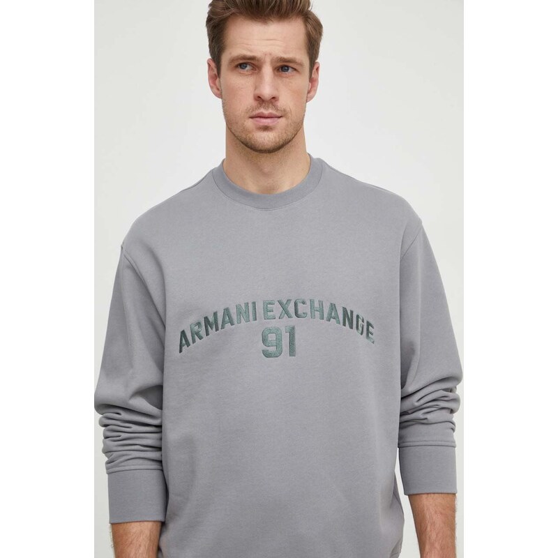 Bavlněná mikina Armani Exchange pánská, šedá barva, s aplikací, 3DZMLK ZJ4XZ