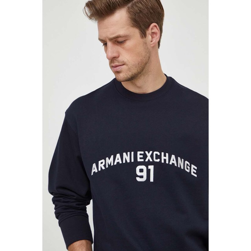 Bavlněná mikina Armani Exchange pánská, tmavomodrá barva, s aplikací, 3DZMLK ZJ4XZ