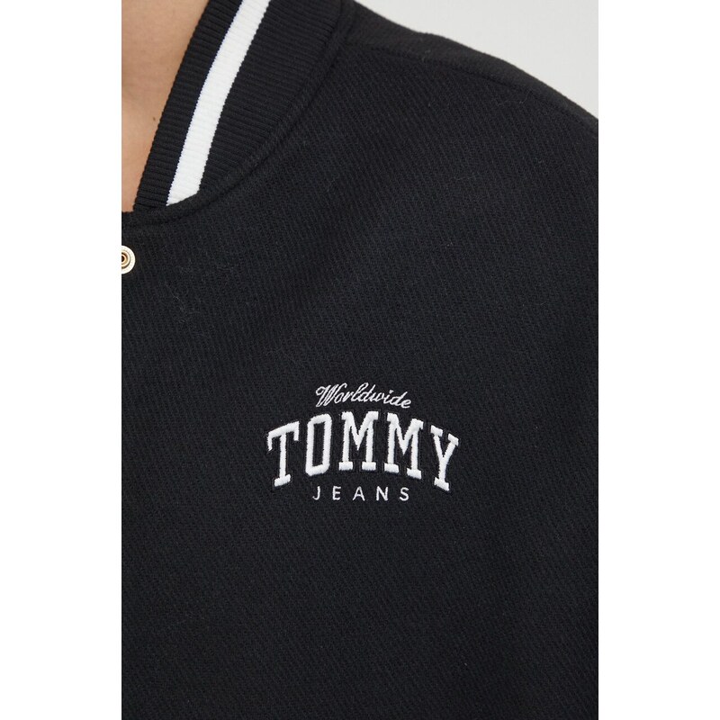 Bunda z vlněné směsi Tommy Jeans černá barva, přechodná
