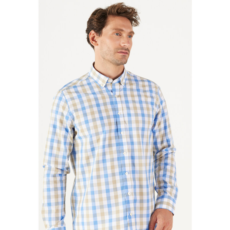 AC&Co / Altınyıldız Classics Men's Beige-Blue Slim Fit Slim Fit Button-down Collar Cotton Check Shirt