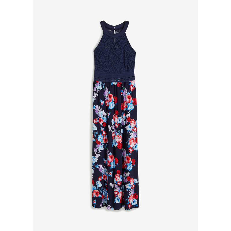 bonprix Dlouhé šaty s květinovým potiskem Modrá