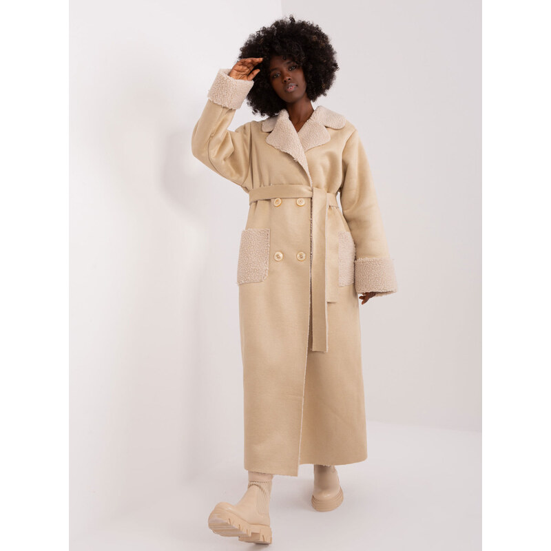LAKERTA Béžový dlhý bavlnený kabát s imitáciou ovčej kožušiny