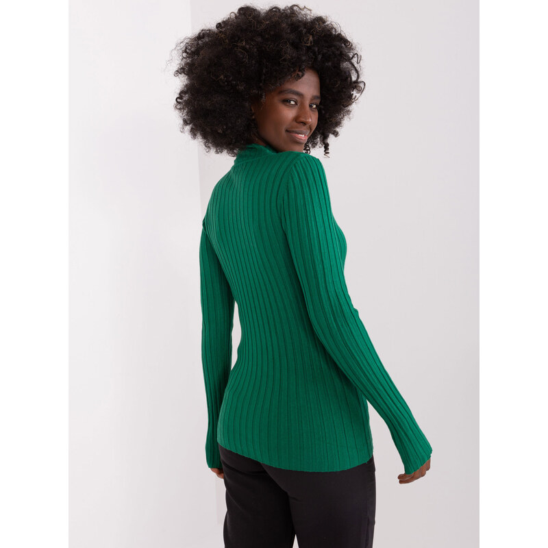 Fashionhunters Tmavě zelený žebrovaný svetr z viskózy