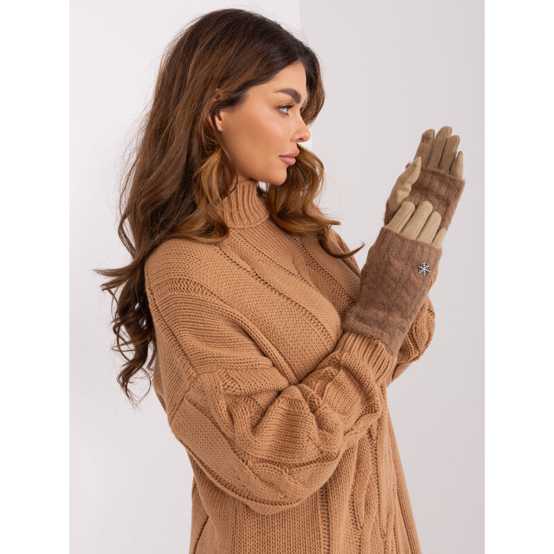 Fashionhunters Tmavě béžové hladké rukavice s pletenou izolací