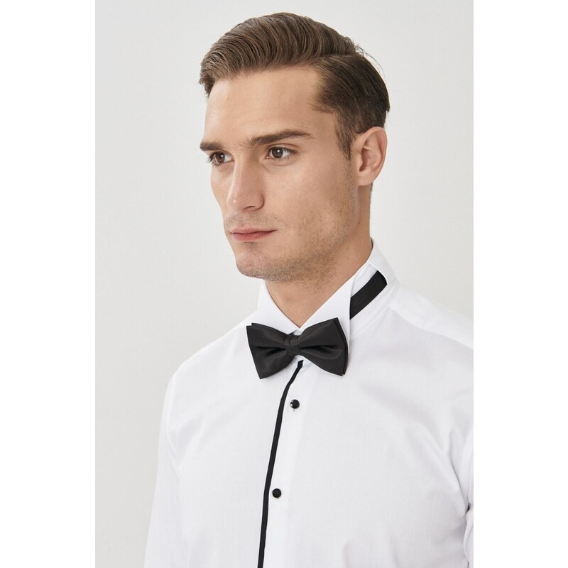 ALTINYILDIZ CLASSICS Men's White-black Tuxedo Collar Tailored Slim Fit Slim Fit Shirt