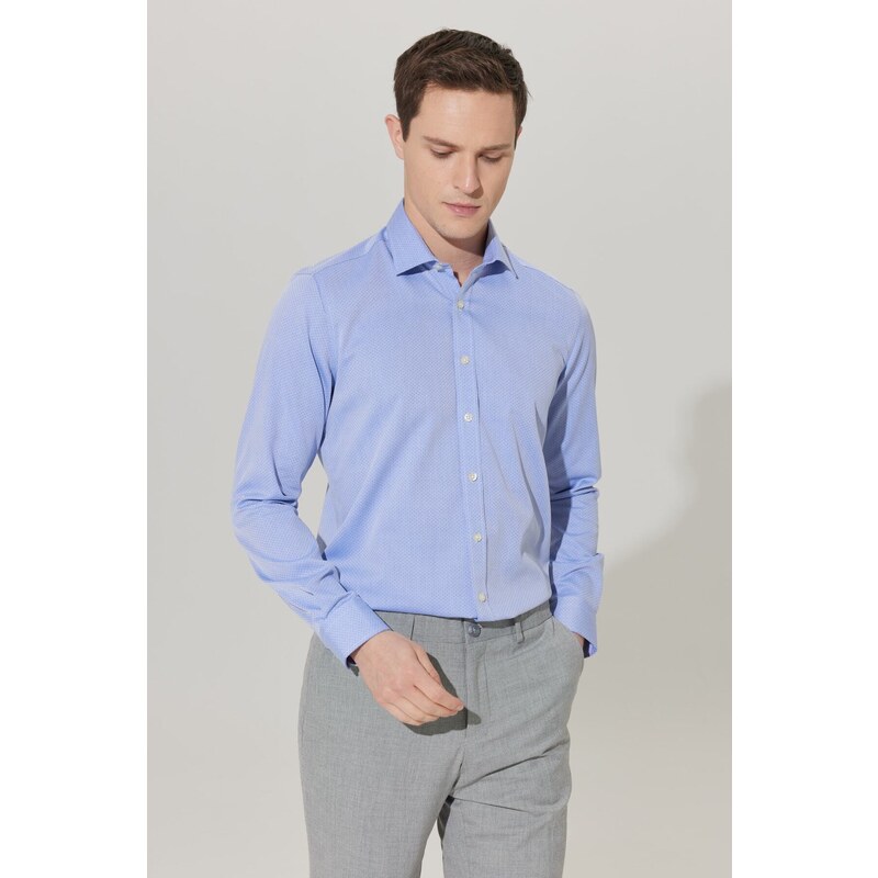 ALTINYILDIZ CLASSICS Men's Blue No-Iron Non-iron Tailored Slim Fit Slim Fit 100% Cotton Patterned Shirt.