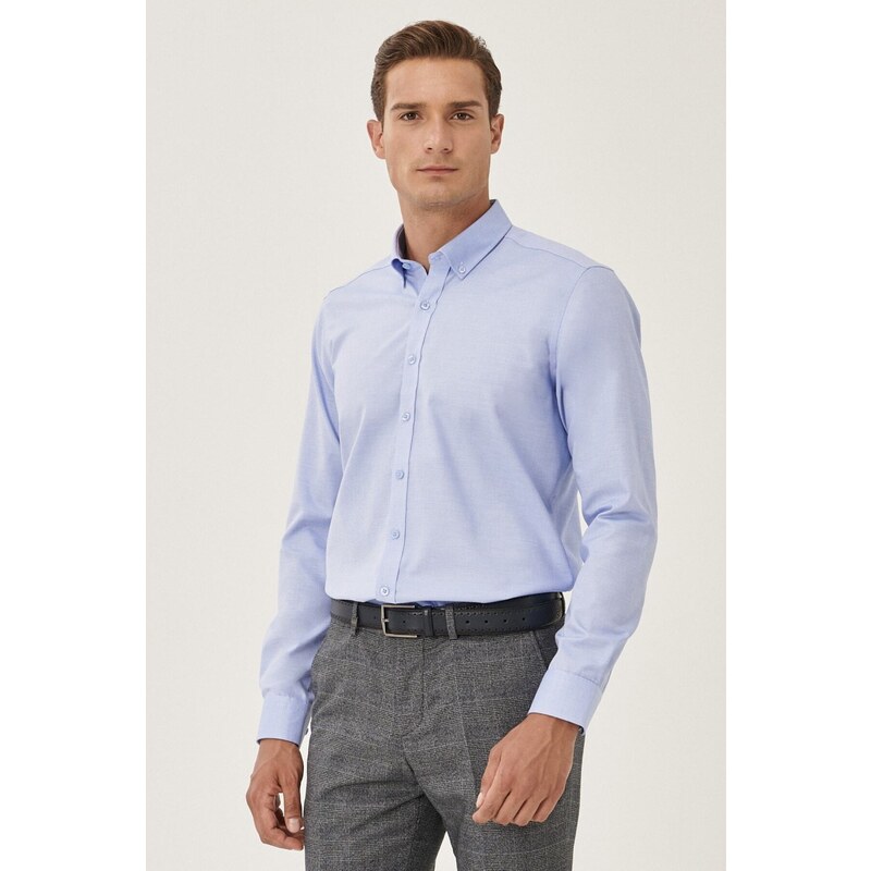 ALTINYILDIZ CLASSICS Men's Light Blue Non-Iron Non-iron Slim Fit Slim-Fit 100% Cotton Buttoned Collar Shirt.