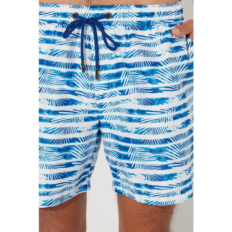 ALTINYILDIZ CLASSICS Men's White-Navy Blue Standard Fit Patterned Fast Drying One Pocket Swimsuit.