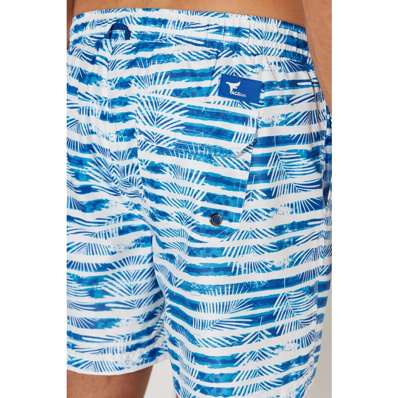 ALTINYILDIZ CLASSICS Men's White-Navy Blue Standard Fit Patterned Fast Drying One Pocket Swimsuit.