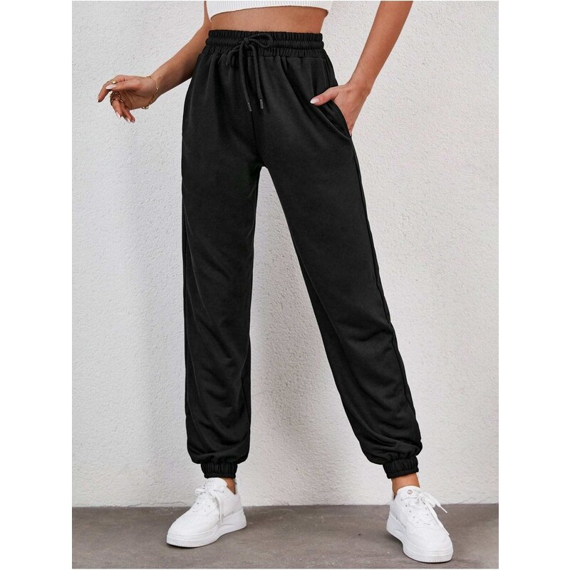 armonika Women's Black Elastic Waist and Legs Sweatpants with Pockets