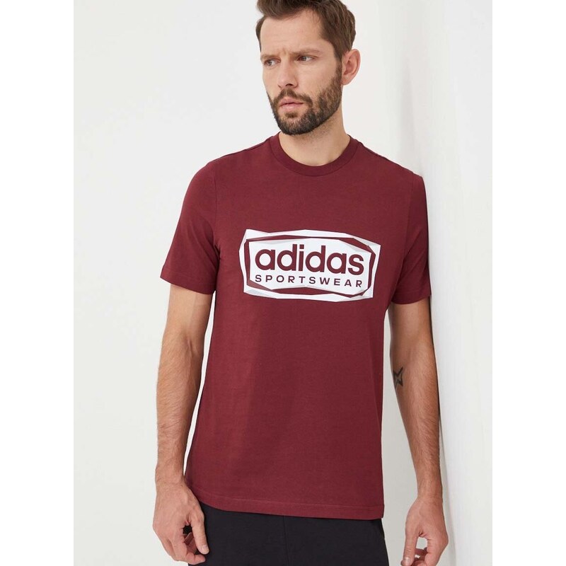 Bavlněné tričko adidas vínová barva, s potiskem, IM8303