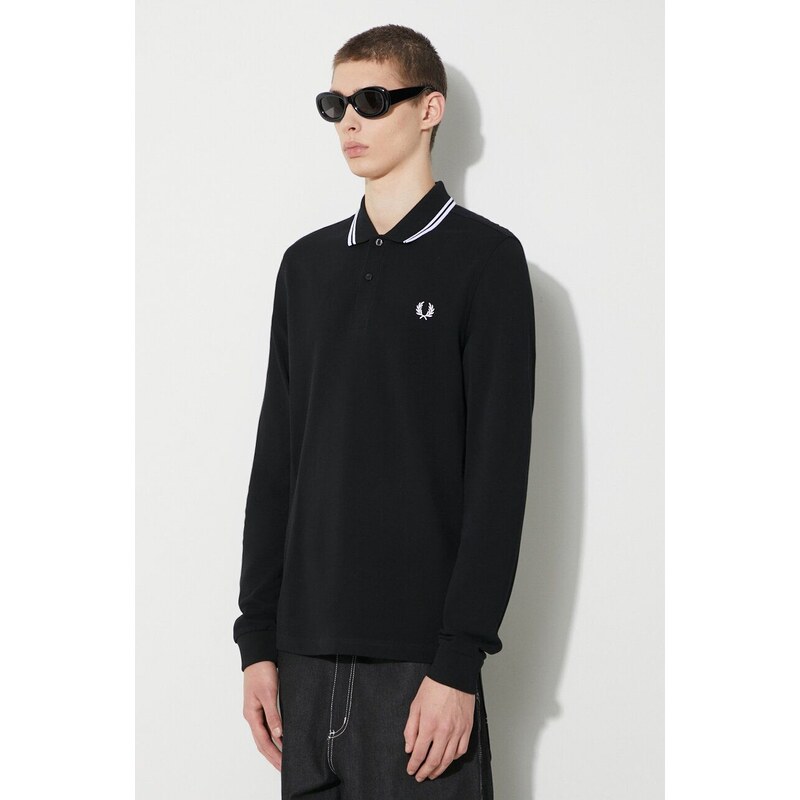 Bavlněné tričko s dlouhým rukávem Fred Perry černá barva, s aplikací, M3636.350