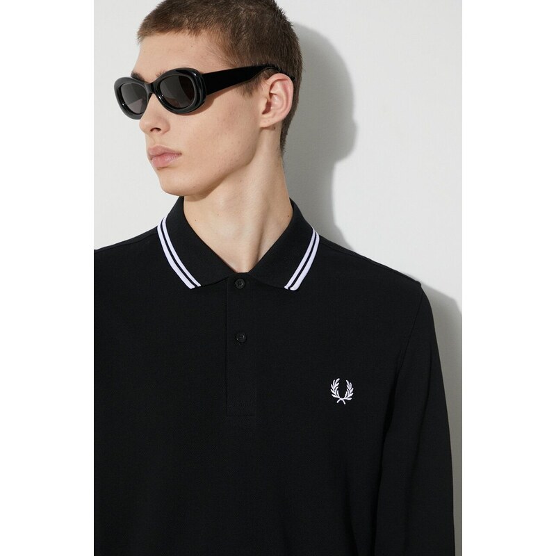 Bavlněné tričko s dlouhým rukávem Fred Perry černá barva, s aplikací, M3636.350