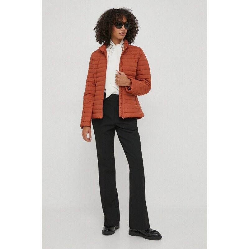 Péřová bunda Calvin Klein dámská, hnědá barva, přechodná