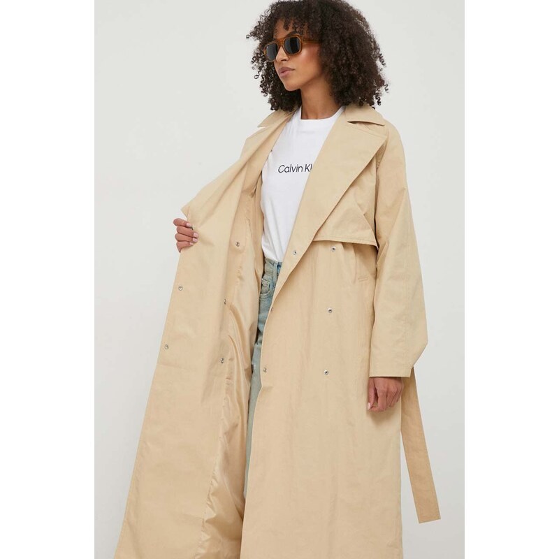 Trench kabát Calvin Klein Jeans dámský, béžová barva, přechodný