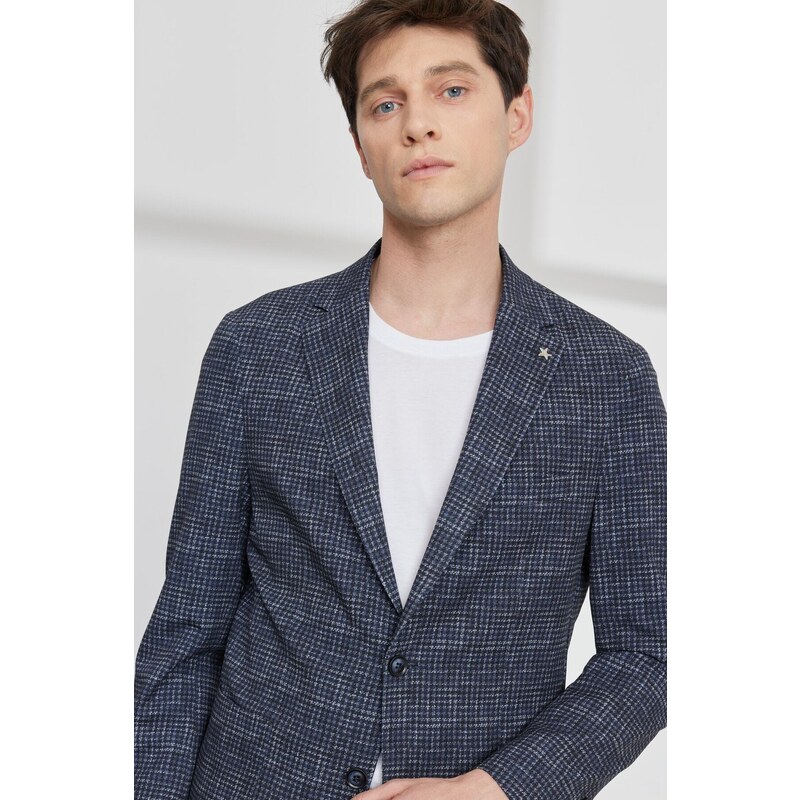 ALTINYILDIZ CLASSICS Men's Navy Blue Slim Fit Slim Fit Mono Collar Houndstooth Patterned Blazer Jacket