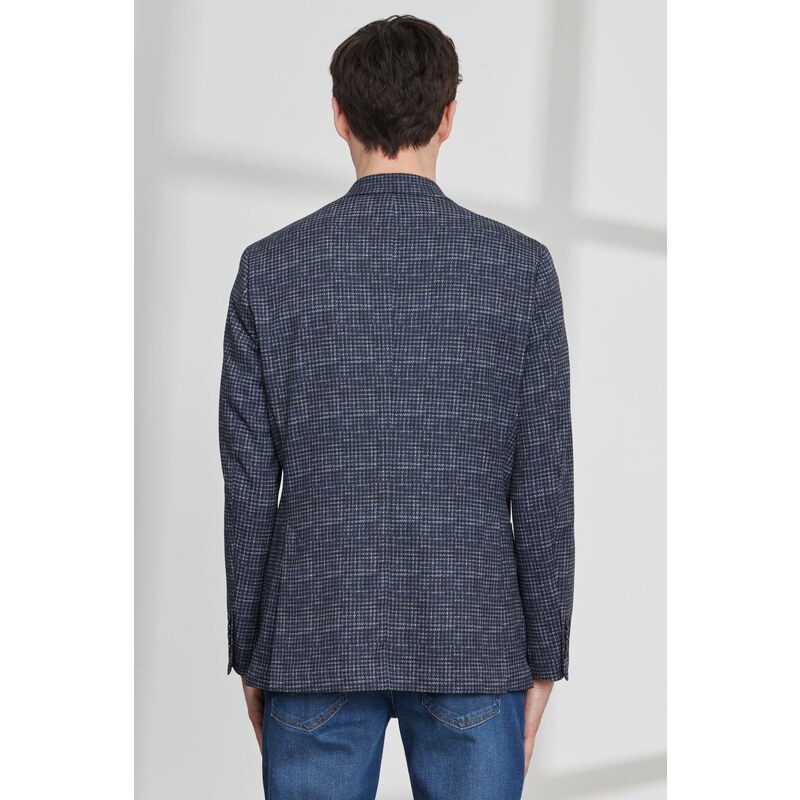 ALTINYILDIZ CLASSICS Men's Navy Blue Slim Fit Slim Fit Mono Collar Houndstooth Patterned Blazer Jacket