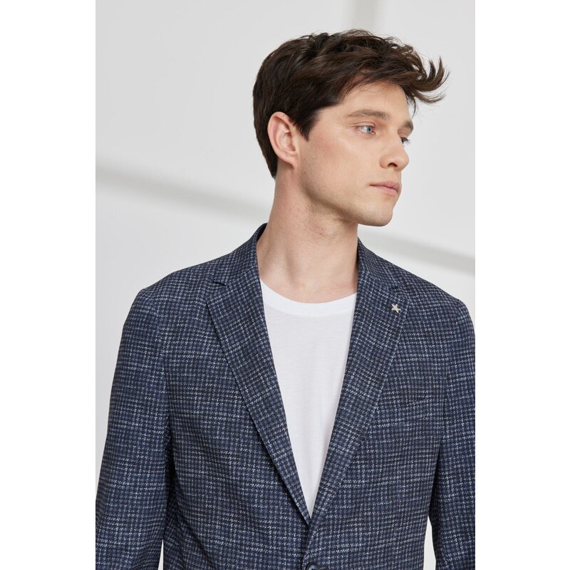 ALTINYILDIZ CLASSICS Men's Navy Blue Slim Fit Slim Fit Mono Collar Houndstooth Patterned Blazer Jacket