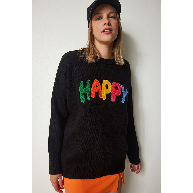 Happiness İstanbul Women's Black Punch Embroidered Oversize Thick Knitwear Sweater