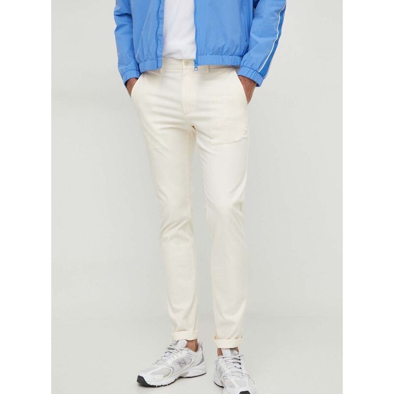 Kalhoty Tommy Hilfiger pánské, béžová barva, přiléhavé