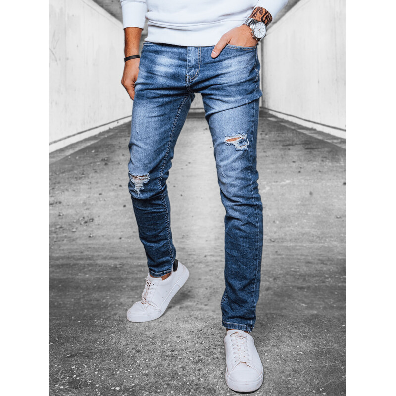 BASIC Modré děrované džínové kalhoty Denim vzor