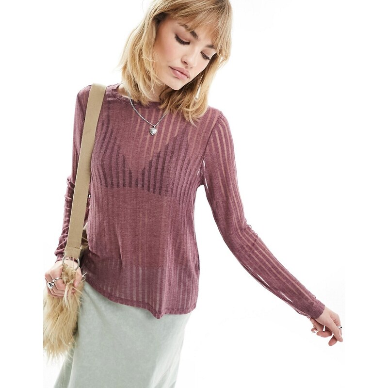 ONLY sheer stripe long sleeve top in dusky pink-Red