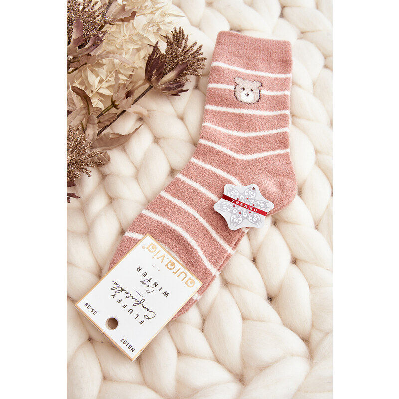 Kesi Dámské teplé pruhované ponožky s medvídkem, růžové