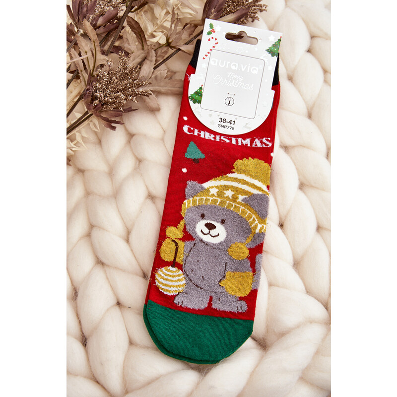 Kesi Dámské vánoční ponožky s medvídkem, červené