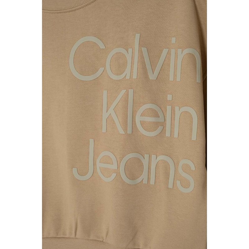 Dětská bavlněná mikina Calvin Klein Jeans béžová barva, s potiskem