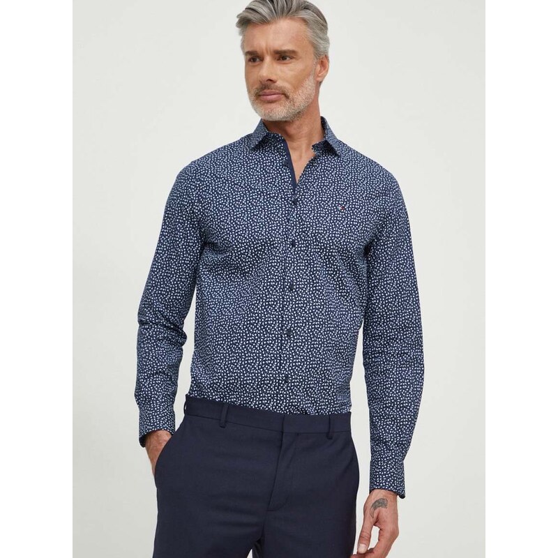 Košile Tommy Hilfiger pánská, tmavomodrá barva, slim, s italským límcem