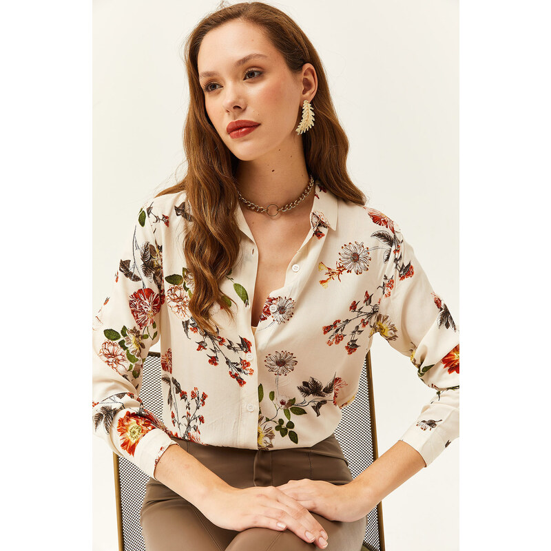 Olalook Women's Ecru Floral Patterned Woven Viscose Shirt