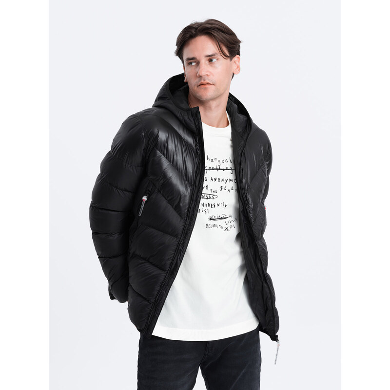 Ombre Men's winter quilted jacket of combined materials - black