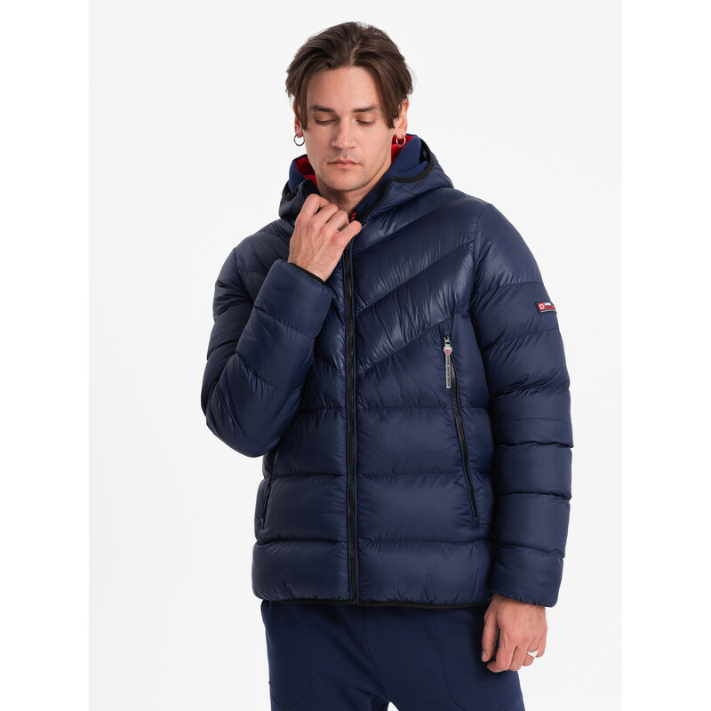 Ombre Men's winter quilted jacket of combined materials - navy blue