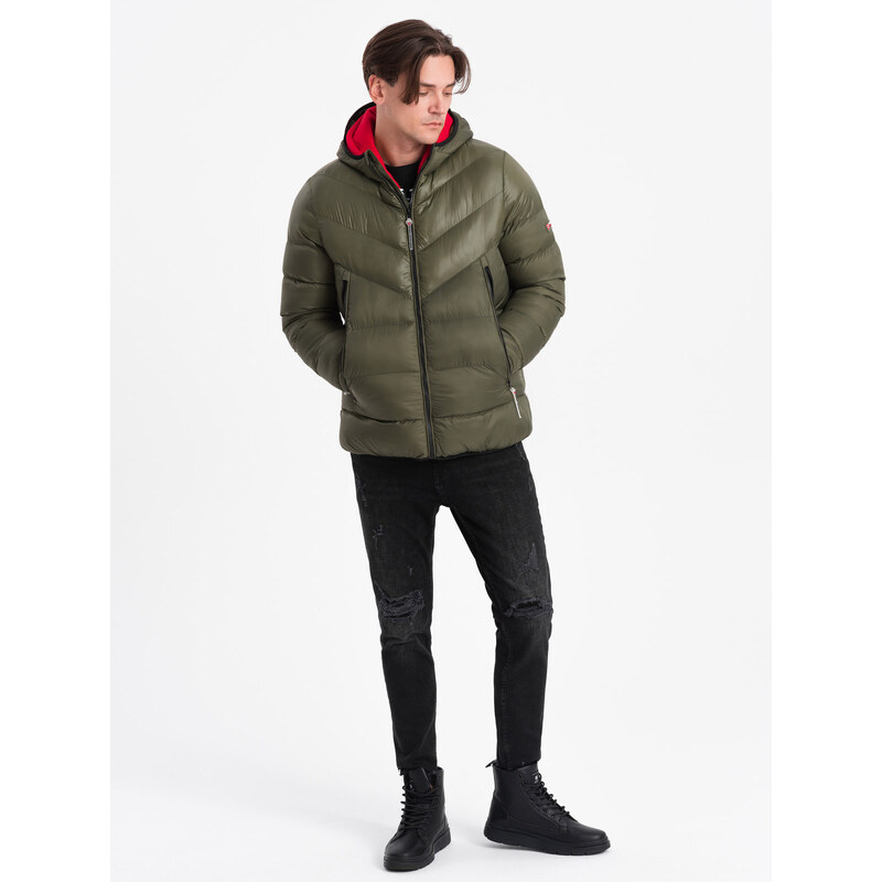 Ombre Men's quilted winter jacket with combined materials - dark olive green