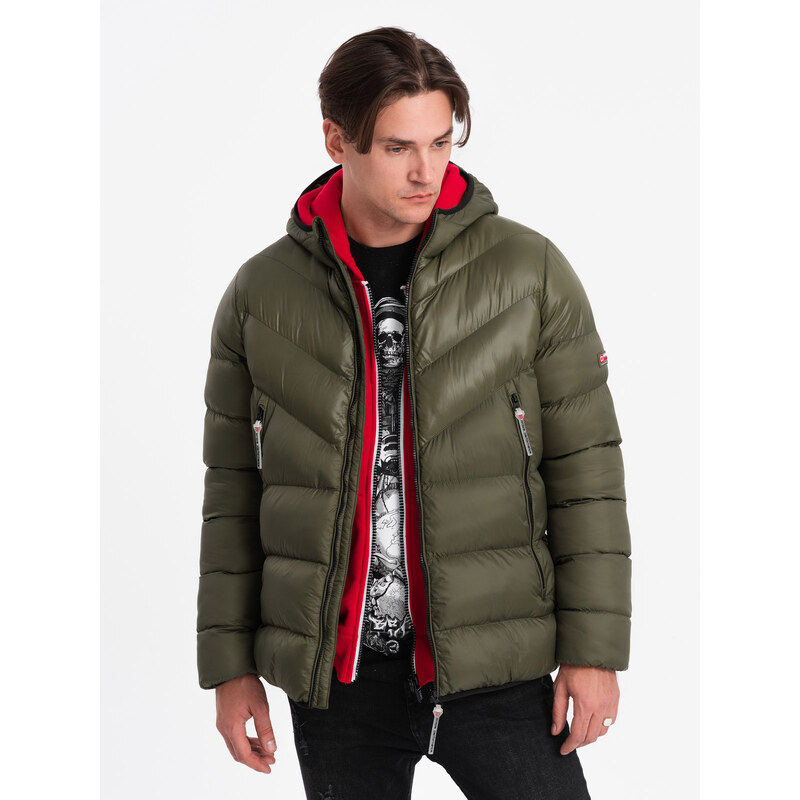 Ombre Men's quilted winter jacket with combined materials - dark olive green