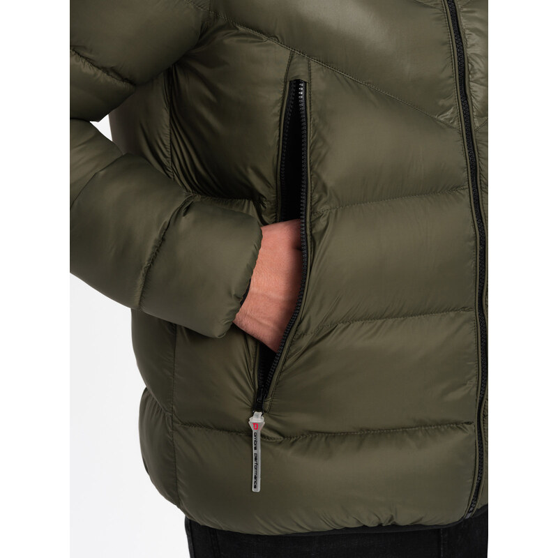 Ombre Men's quilted winter jacket with combined materials - dark olive green