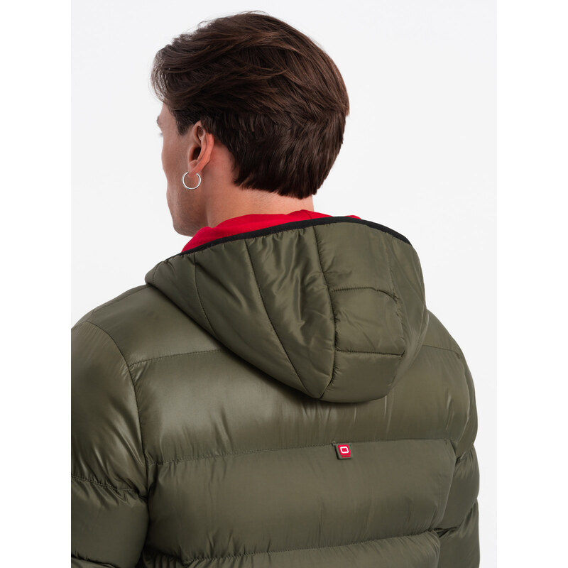 Ombre Men's quilted winter jacket with combined materials - dark olive green