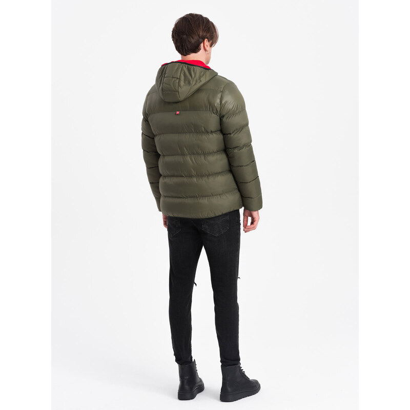 Ombre Men's quilted winter jacket with combined materials - dark olive green