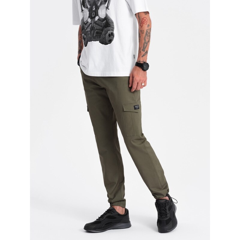 Ombre Clothing Pánské kalhoty s nákladovými kapsami a lemem nohavic - tmavě olivově zelené V1 OM-PACG-0189