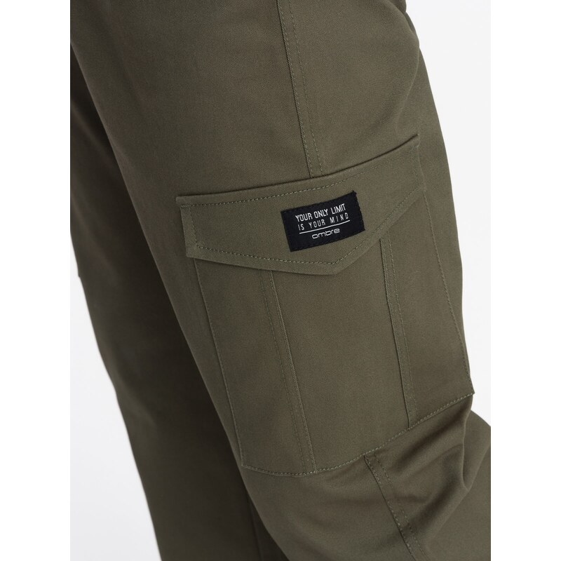 Ombre Men's pants with cargo pockets and leg hem - dark olive green