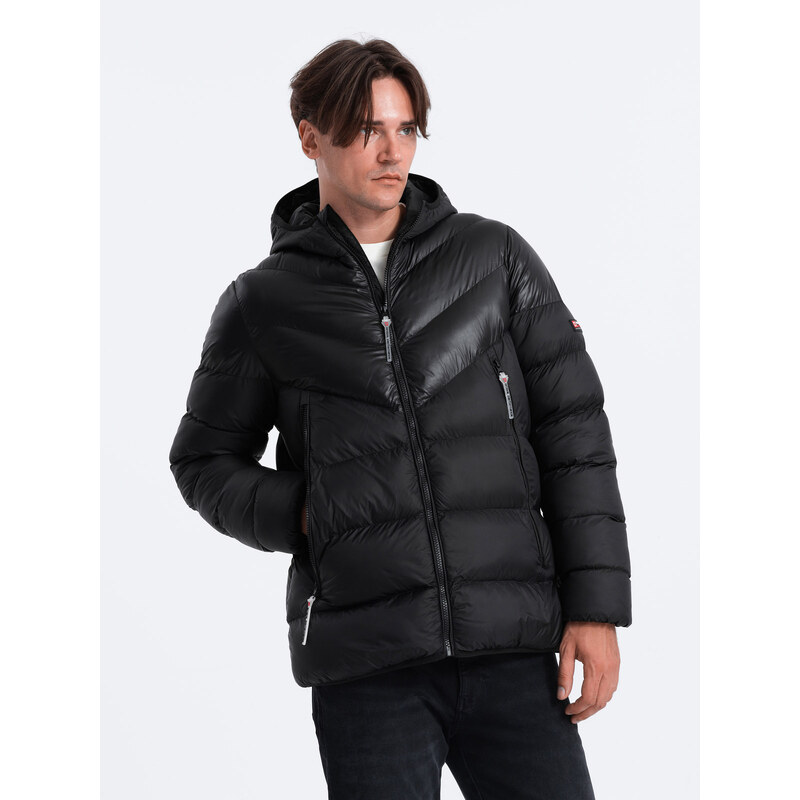 Ombre Men's winter quilted jacket of combined materials - black