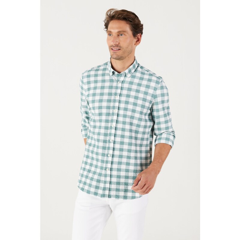 AC&Co / Altınyıldız Classics Men's White-green Slim Fit Slim Fit Button-down Collar Check Shirt